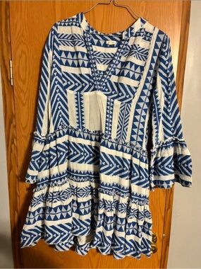 Blue & White Geo Print Tiered Dress